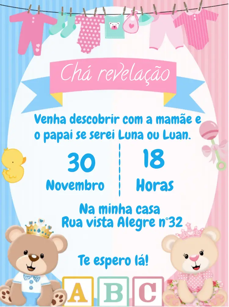 Convite Chá Revelação Ursinhos Realeza Menino