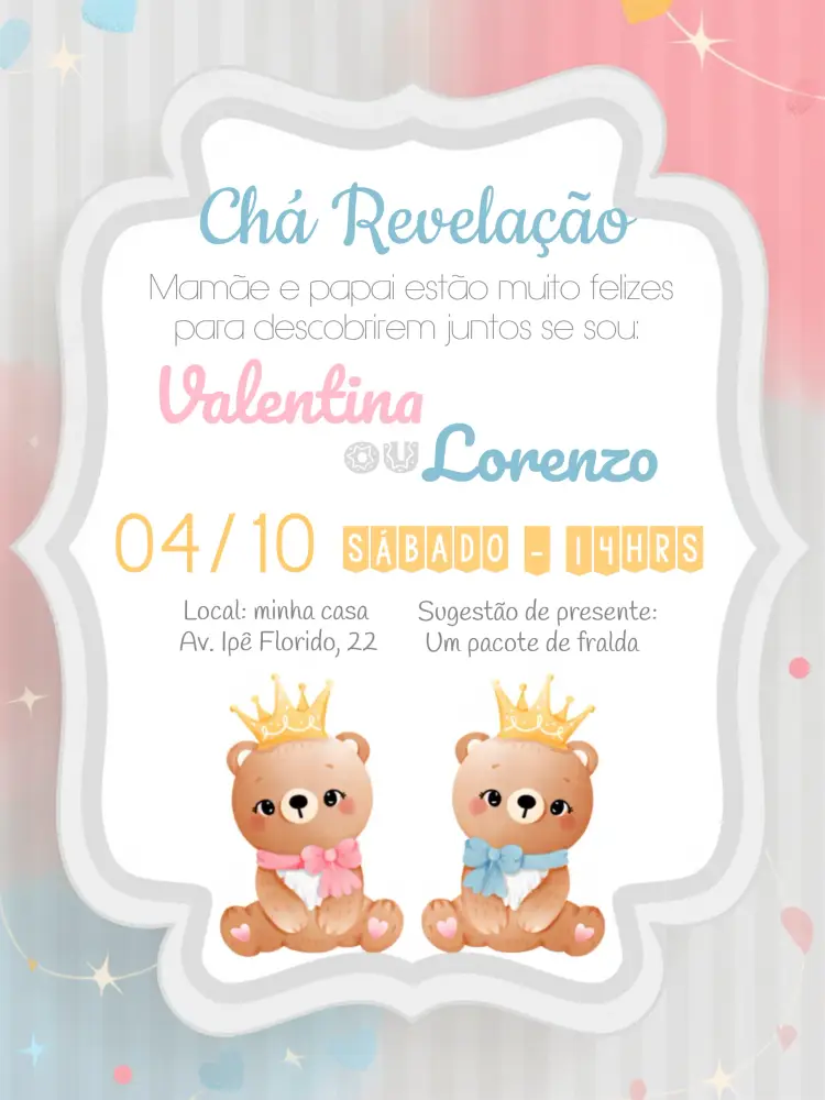 Convite Chá Revelação Ursinhos Realeza Ou