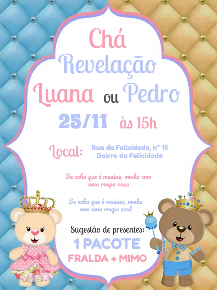 Convite Chá Revelação Ursinhos Realeza Princesa – tema Chá Revelação realeza, ursinhos, rosa e azul, delicado, infantil, festivo