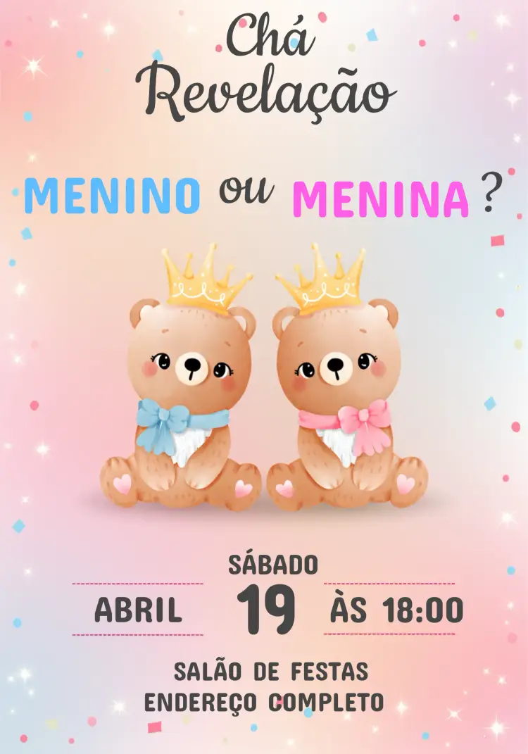 Convite Chá Revelação Ursinhos Realeza Rosa