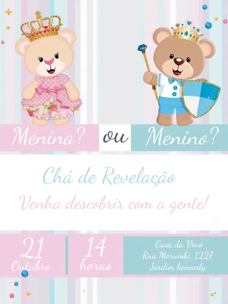 Convite Chá Revelação Ursinhos Realeza Rosa