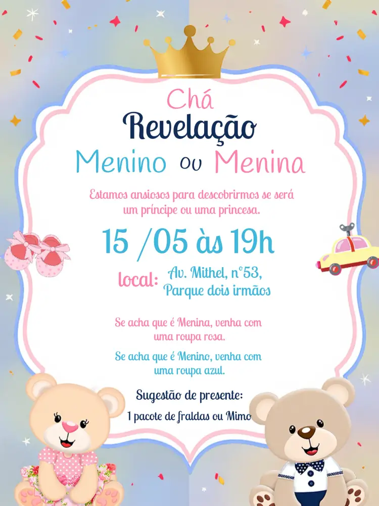 Convite Chá Revelação Ursinhos Realeza Rosa