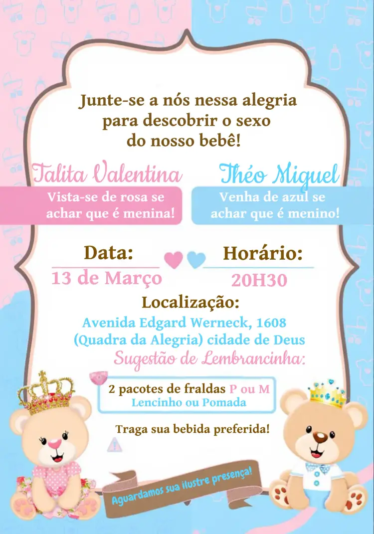 Convite Chá Revelação Ursinhos Realeza Rosa