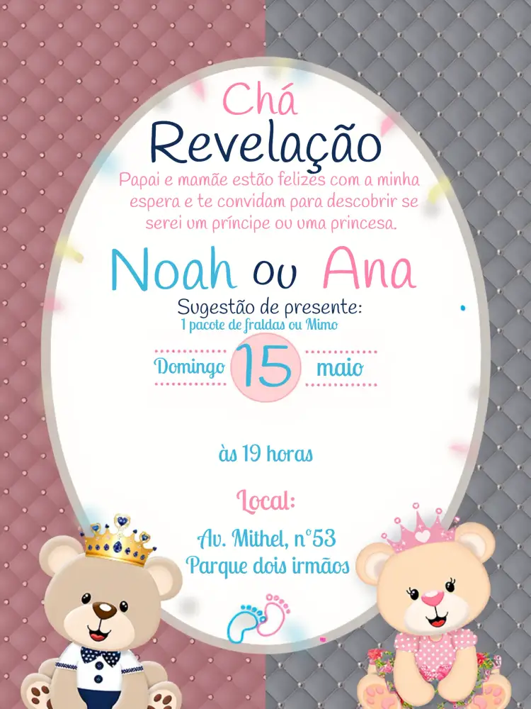 Convite Chá Revelação Ursinhos Realeza Urcinhos – tema Chá Revelação ursinhos, realeza, azul e rosa, fofo, infantil, moderno