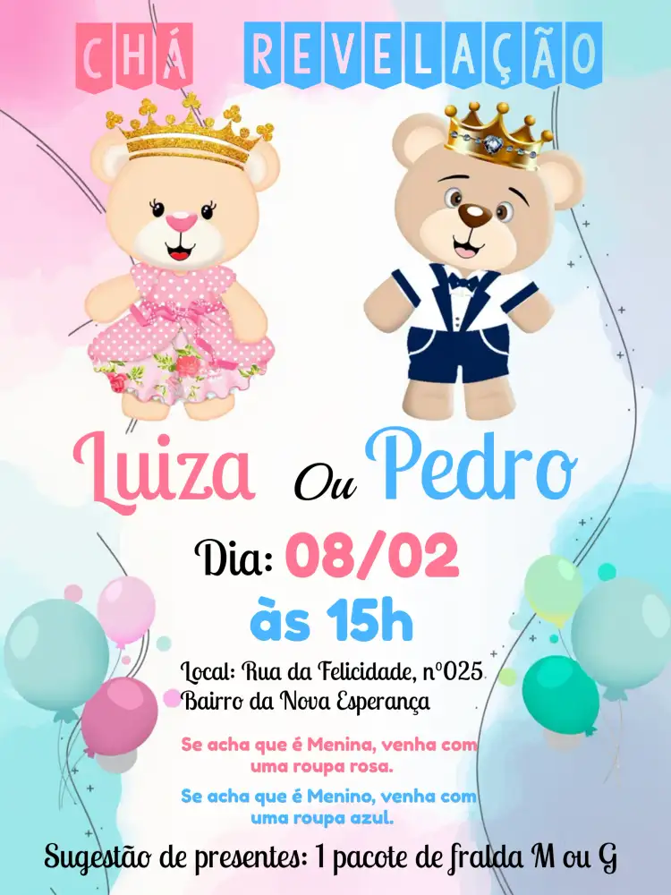 Chá Revelação Ursinhos Realeza Ursosbebê
