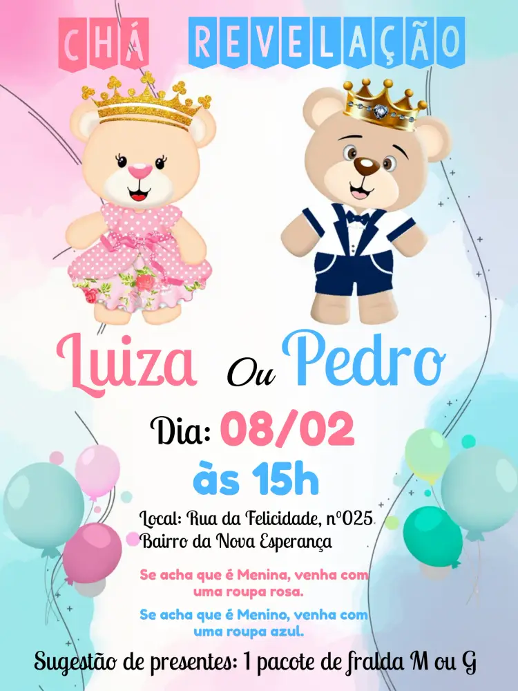 Convite Chá Revelação Ursinhos Realeza Ursosbebê