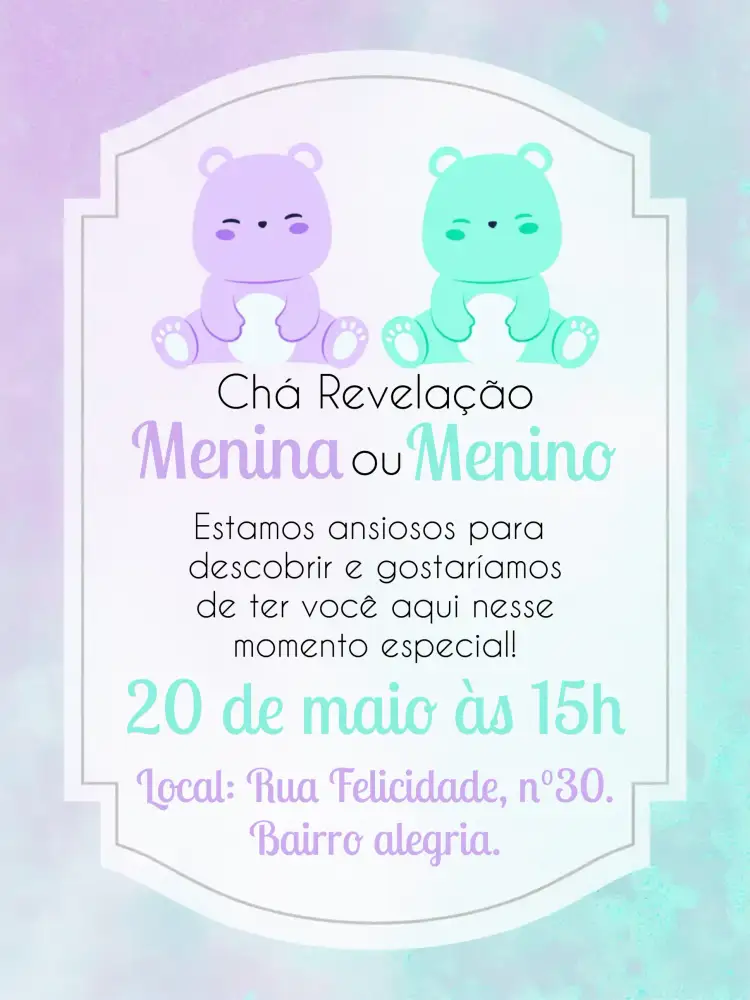 Convite Chá Revelação Ursinhos Revelacao – tema Chá Revelação colorido, infantil, fofo, moderno, lúdico, divertido