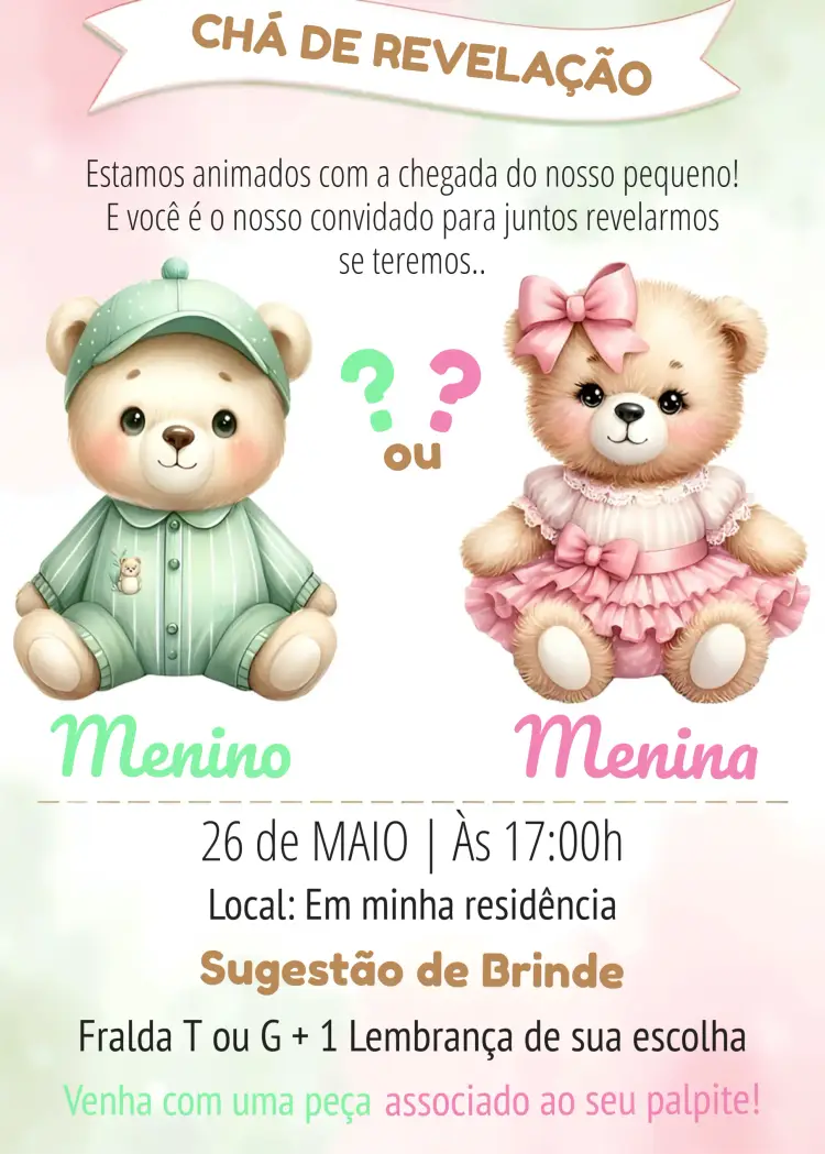 Convite Chá Revelação Ursinhos Rosa