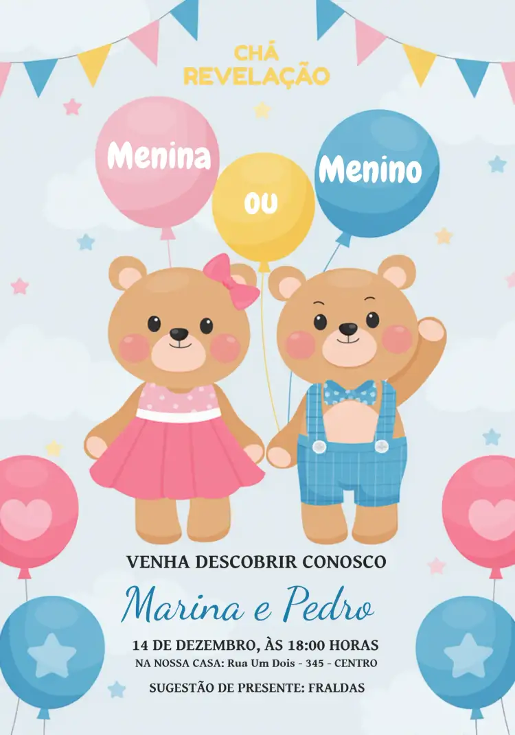 Convite Chá Revelação Ursinhos Rosa – tema Chá Revelação delicado, lúdico, colorido, infantil, charmoso, moderno