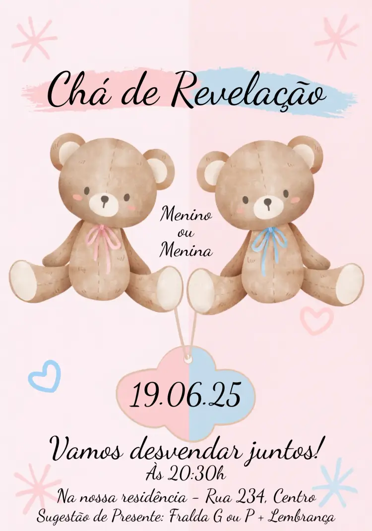 Convite Chá Revelação Ursinhos Rosa E Azul Aquarela