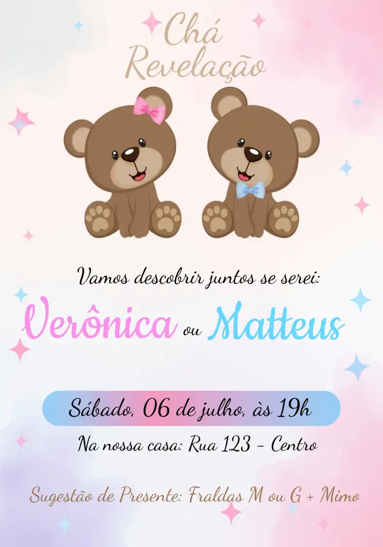 Chá Revelação Ursinhos Rosa E Azul Delicado