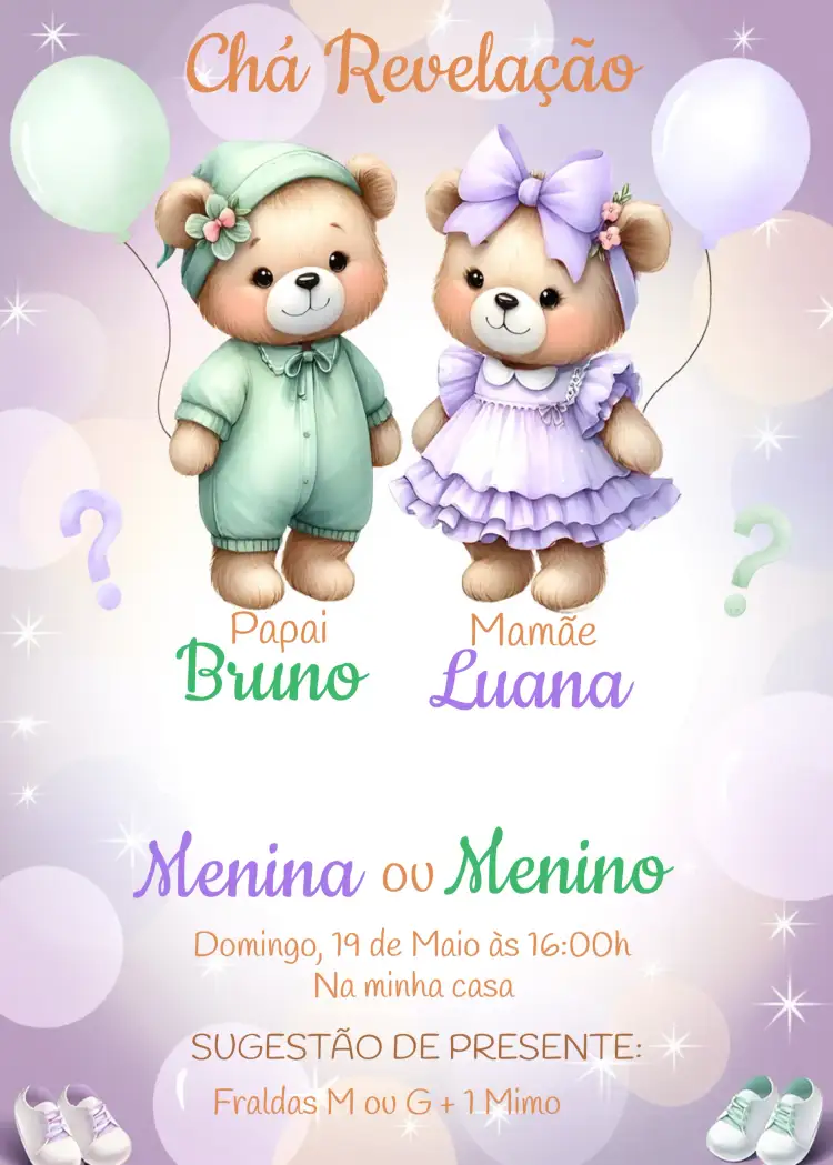 Convite Chá Revelação Ursinhos Roxo – tema Aniversário Infantil ursinhos, roxo, verde, divertido, infantil, colorido