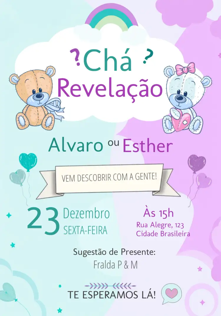Convite Chá Revelação Ursinhos Ursinha – tema Chá Revelação colorido, divertido, fofo, ilustrações de animais, pastel, infantil