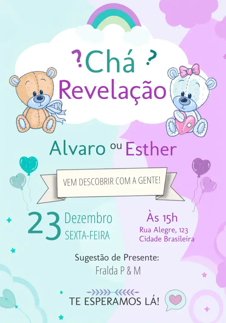 Convite Chá Revelação Ursinhos Ursinha
