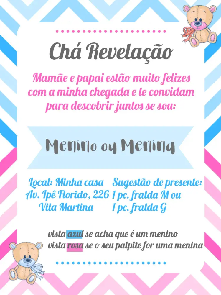 Convite Chá Revelação Ursinhos Ursinha – tema Chá Revelação azul, rosa, branco, cinza, lúdico