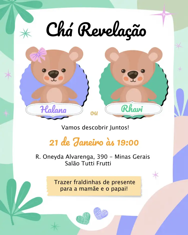 Convite Chá Revelação Ursinhos Verde – tema Aniversário Infantil ursinhos, verde, lilás, corações, infantil, divertido
