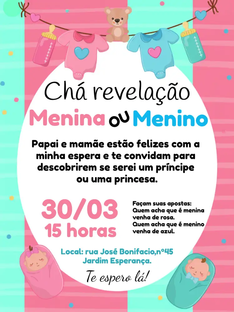 Convite Chá Revelação Varal Baby Sexo – tema Chá Revelação moderno, colorido, divertido, minimalista, baby shower, ilustrações fofas