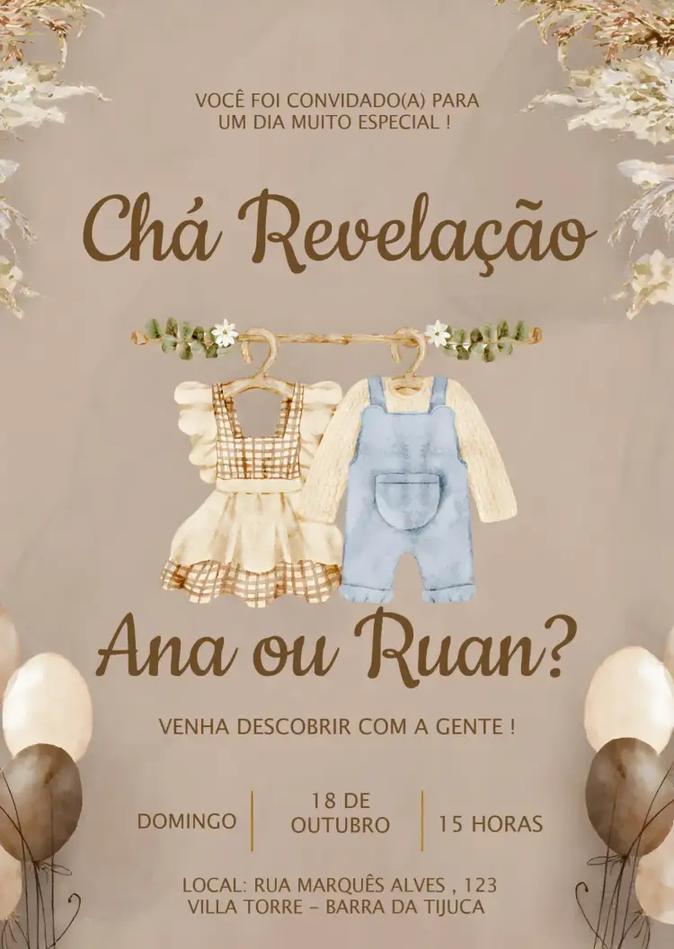 Convite Chá Revelação Varal De Roupas Baby – tema Chá Revelação minimalista, bege, fofo, delicado, infantil, moderno