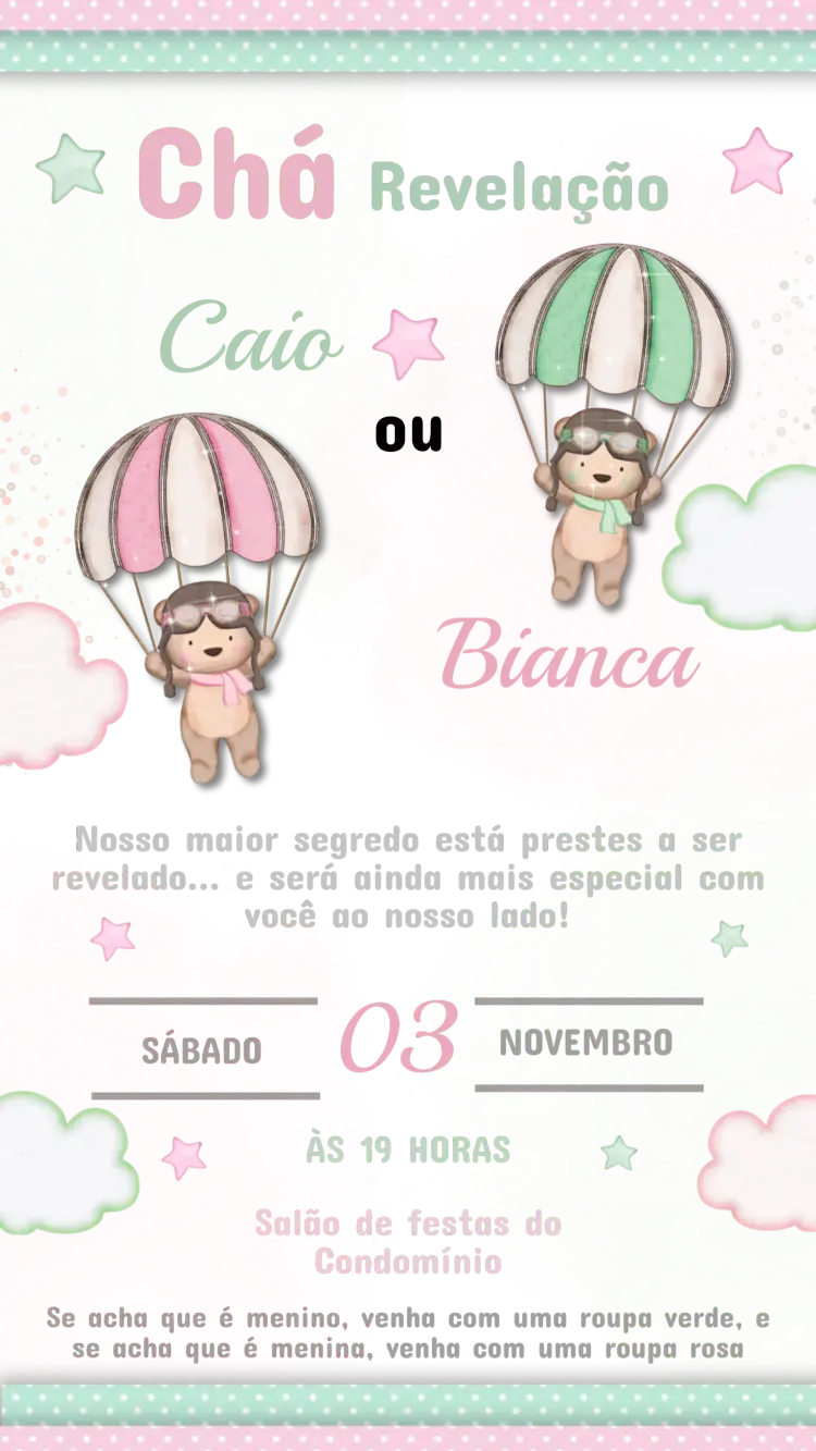 Convite Chá Revelação Verde e Rosa – tema Chá Revelação verde suave, rosa pastel, floral, moderno, minimalista