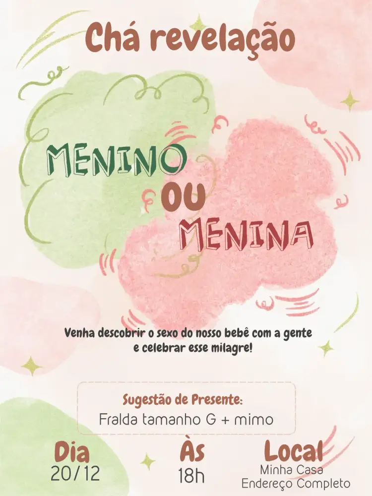 Convite Chá Revelação Verde – tema Chá Revelação aquarela, verde, salmão, bege, moderno, delicado