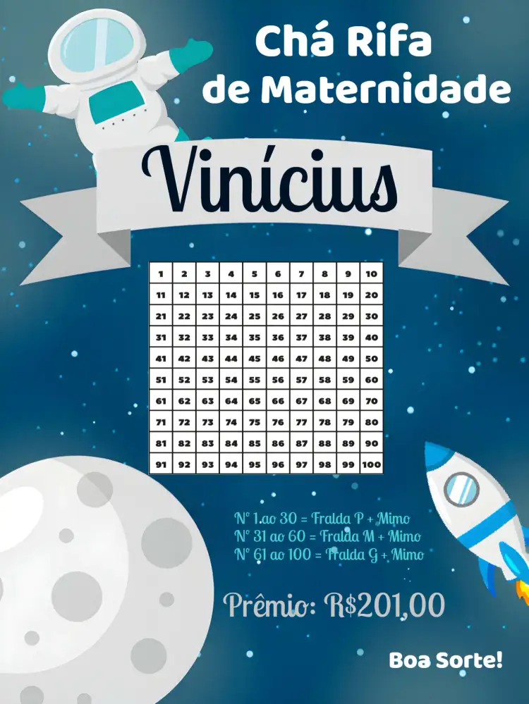 Convite Chá Rifa Astronauta Menino – tema Chá Rifa espacial, moderno, colorido, divertido, infantil