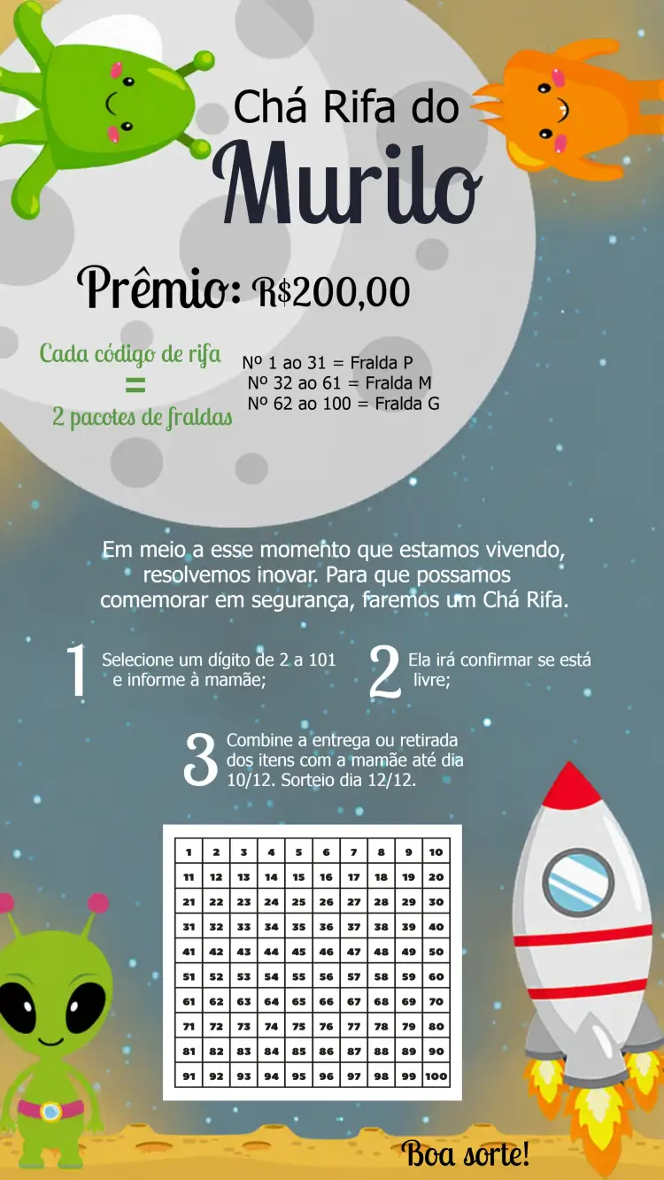 Convite Chá Rifa Astronauta Cartela – tema Chá Rifa cósmico, divertido, colorido, lúdico, moderno