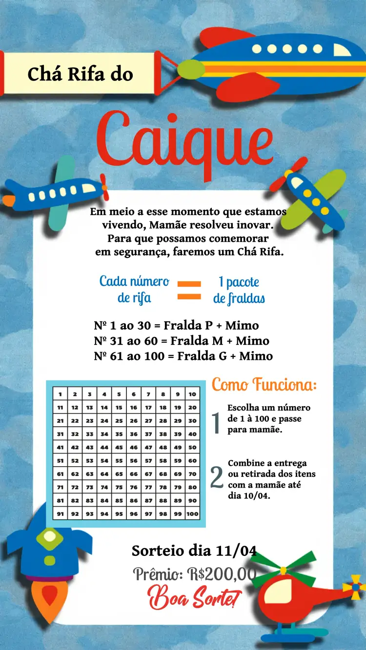 Convite Chá Rifa Aviões Avião – tema Chá Rifa aviador, nuvens, brinquedos, cores vibrantes, divertido, temático