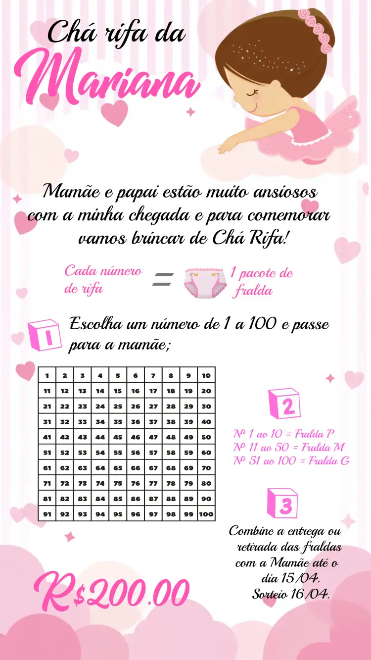 Convite Chá Rifa Bailarina Bebe – tema Chá Rifa rosa, floral, balé, princesa, delicado, lúdico