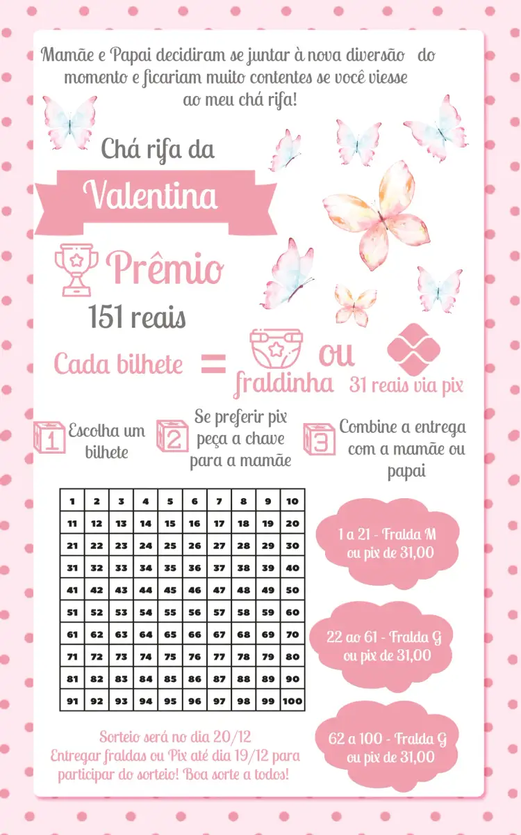 Convite Chá Rifa Borboletas Aquarela 100 – tema Chá Rifa aquarela, delicado, rosa e cinza, floral, menina, moderno