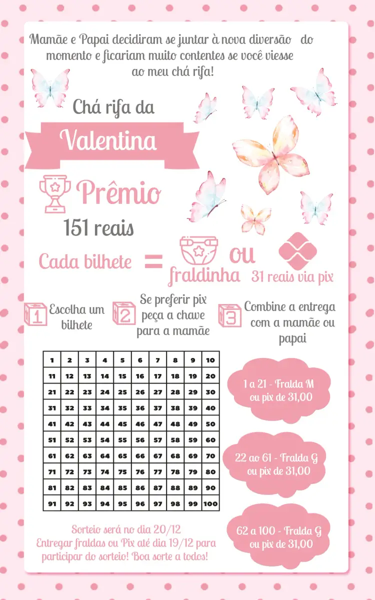 Convite Chá Rifa Borboletas Aquarela 100 editável e personalizável