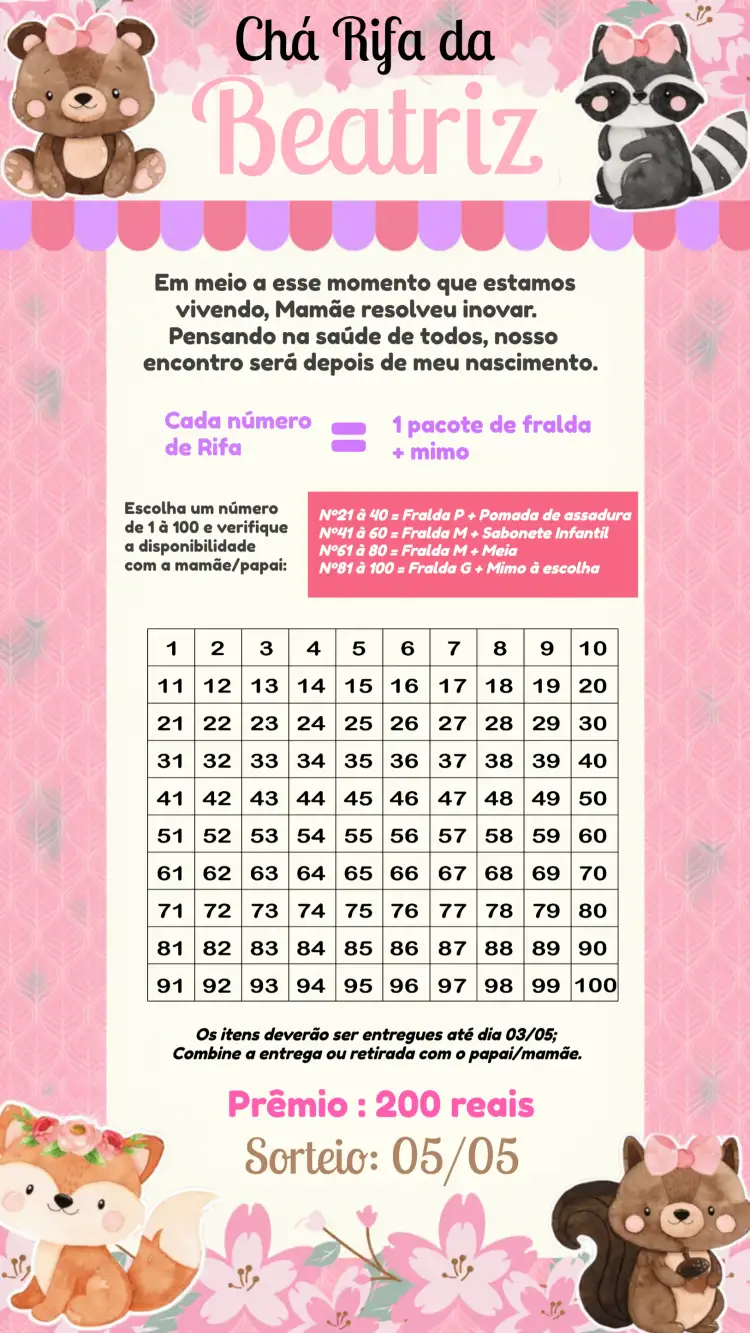 Convite Chá Rifa Bosque Encantado Cha – tema Chá Rifa floral, pastel, moderno, natural, delicado, divertido