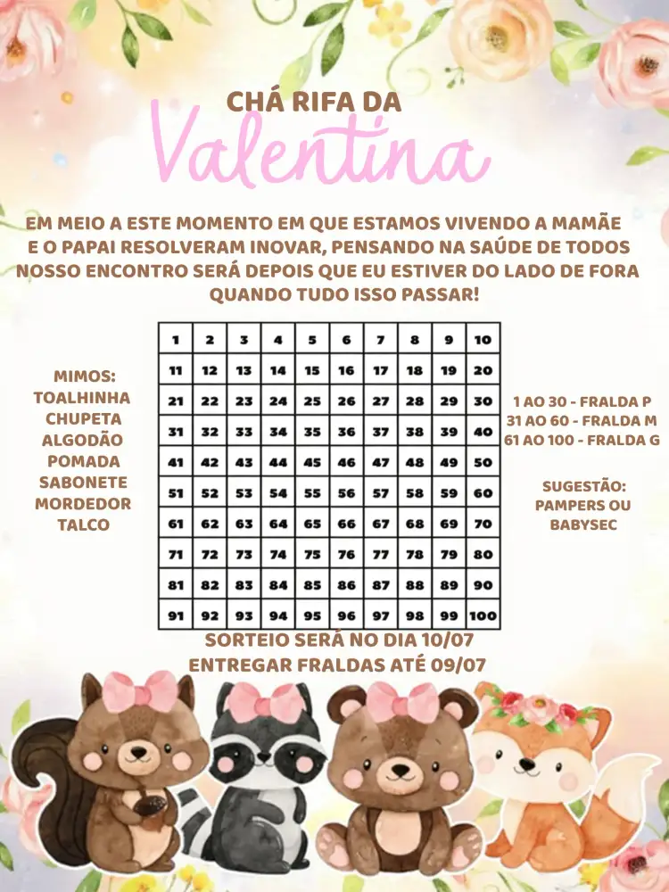 Convite Chá Rifa Bosque Encantado Digital – tema Chá Rifa natureza, cores suaves, elementos gráficos, estilo encantado, visual lúdico, tema floral