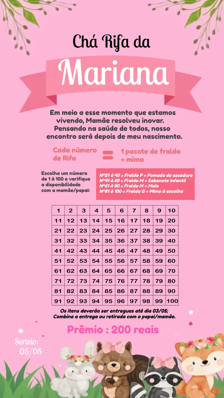 Convite Chá Rifa Bosque Encantado Cha – tema Chá Rifa floral, romântico, moderno, colorido, delicado