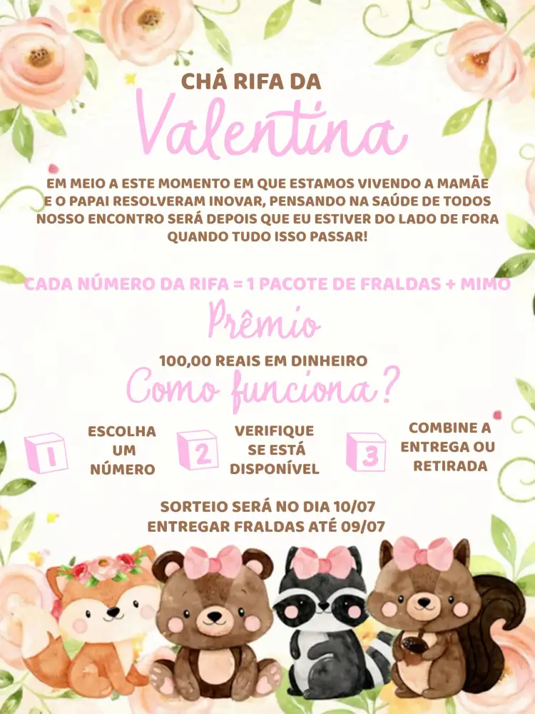 Convite Chá Rifa Bosque Encantado Digital – tema Chá Rifa floral, encantado, romântico, colorido, lúdico, moderno