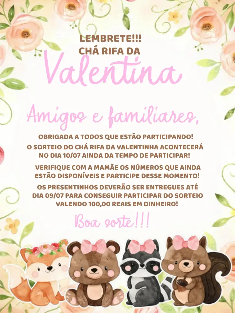 Convite Chá Rifa Bosque Encantado Rosa – tema Chá Rifa floral, lúdico, delicado, pastel, natureza, infantil