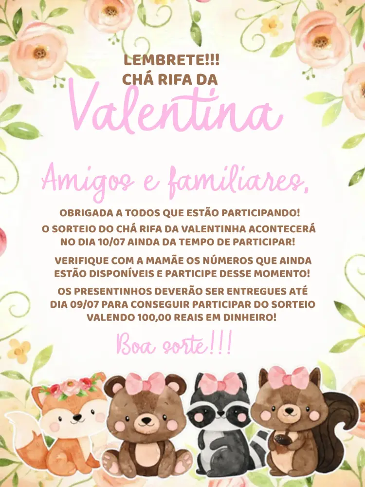 Convite Chá Rifa Bosque Encantado Rosa