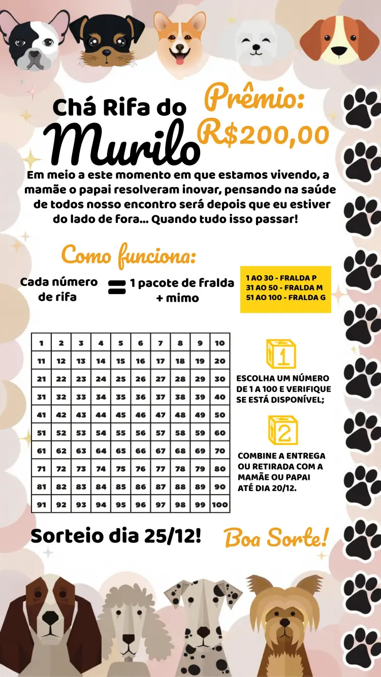 Convite Chá Rifa Cachorrinhos Cartela – tema Chá Rifa moderno, divertido, colorido, animal, minimalista