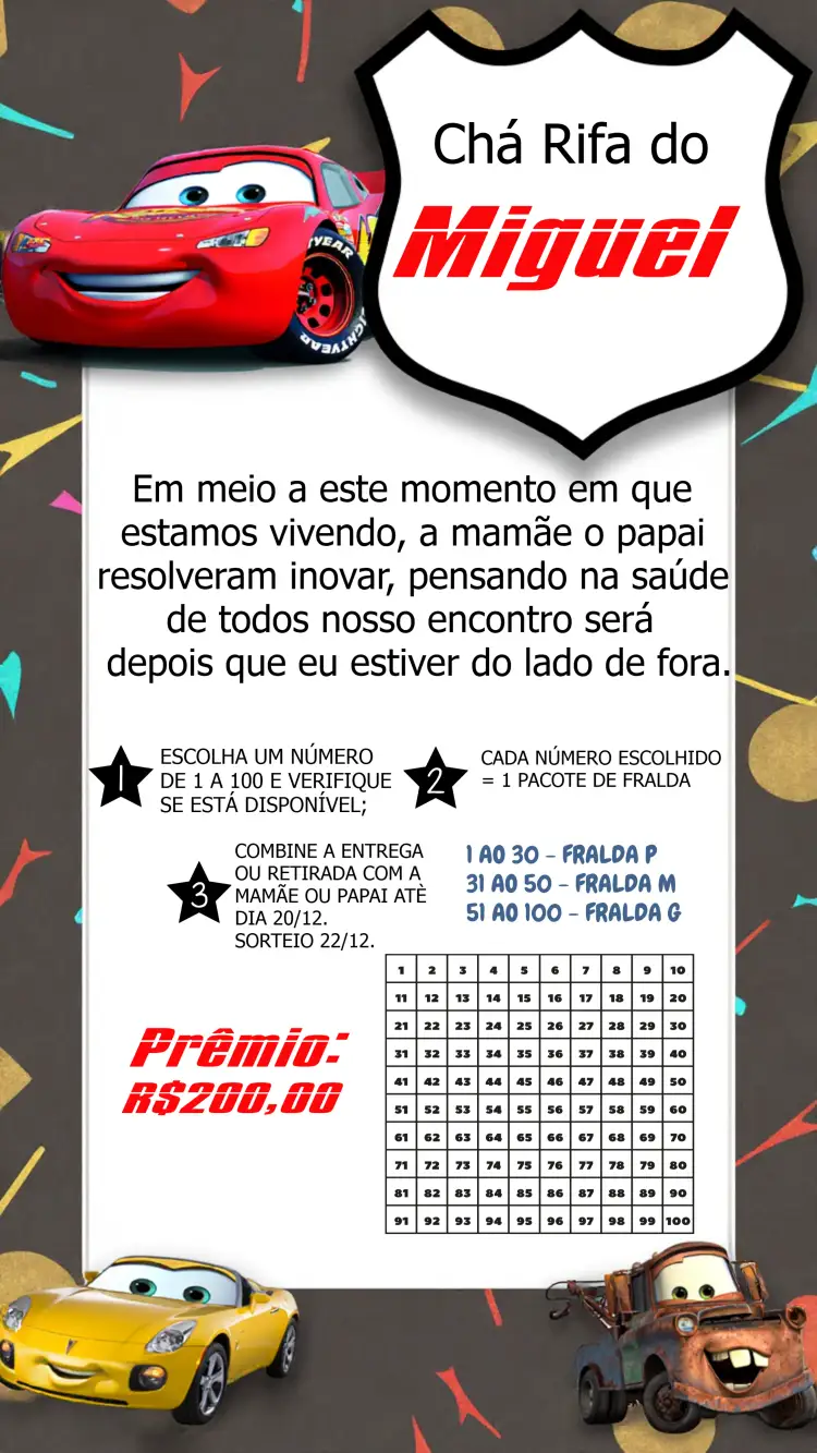 Convite Chá Rifa Carros Cha – tema Chá Rifa automobilístico, moderno, colorido, infantil, divertido, temático