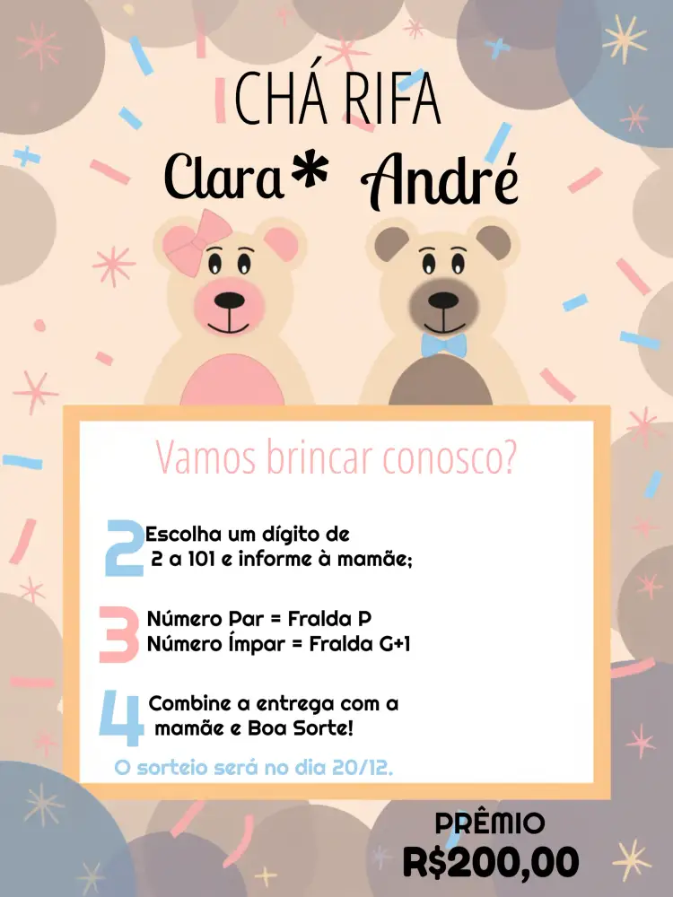 Convite Chá Rifa Casal Ursinhos Menino – tema Chá Rifa fofo, infantil, azul e branco, ursinhos, divertido, minimalista