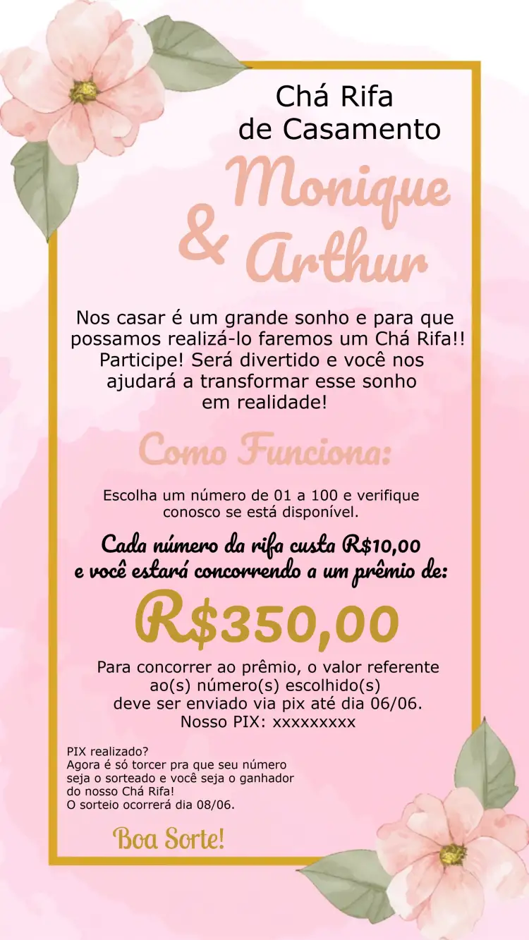 Convite Chá Rifa Casamento Floral Itens – tema Chá de Panela floral, dourado, rosa, moderno, elegante