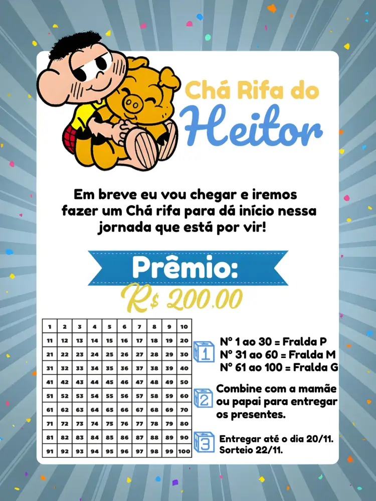 Convite Chá Rifa Cascão Raflle editável e personalizável