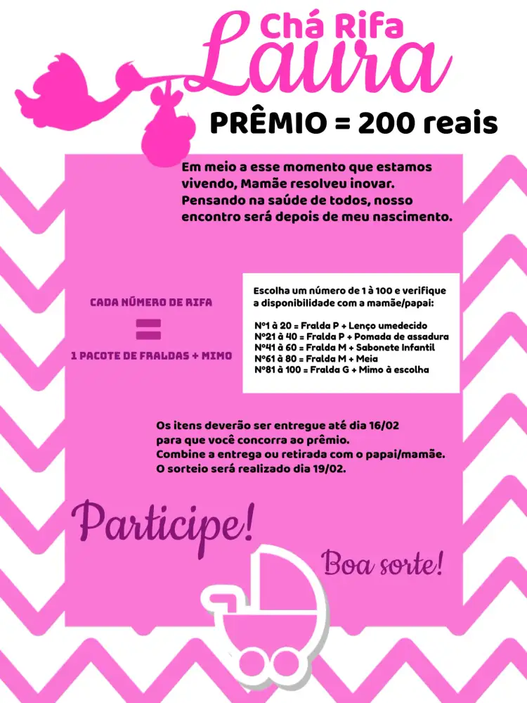 Convite Chá Rifa Cegonha Bebê – tema Chá Rifa rosa, lilás, branco, fofo, infantil, divertido