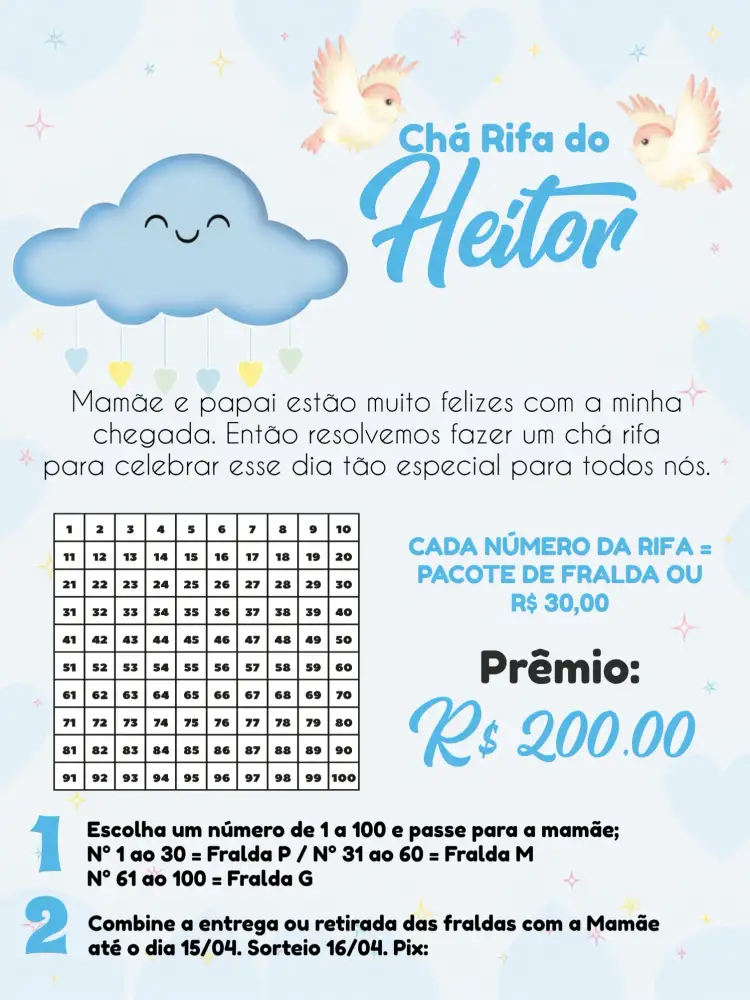 Convite Chá Rifa Chuva De Amor / – tema Chá Rifa moderno, delicado, minimalista, suave, infantil