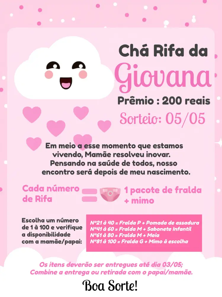 Convite Chá Rifa Chuva De Amor Menina – tema Chá Rifa rosa, cinza, branco, nuvens, delicado, festivo