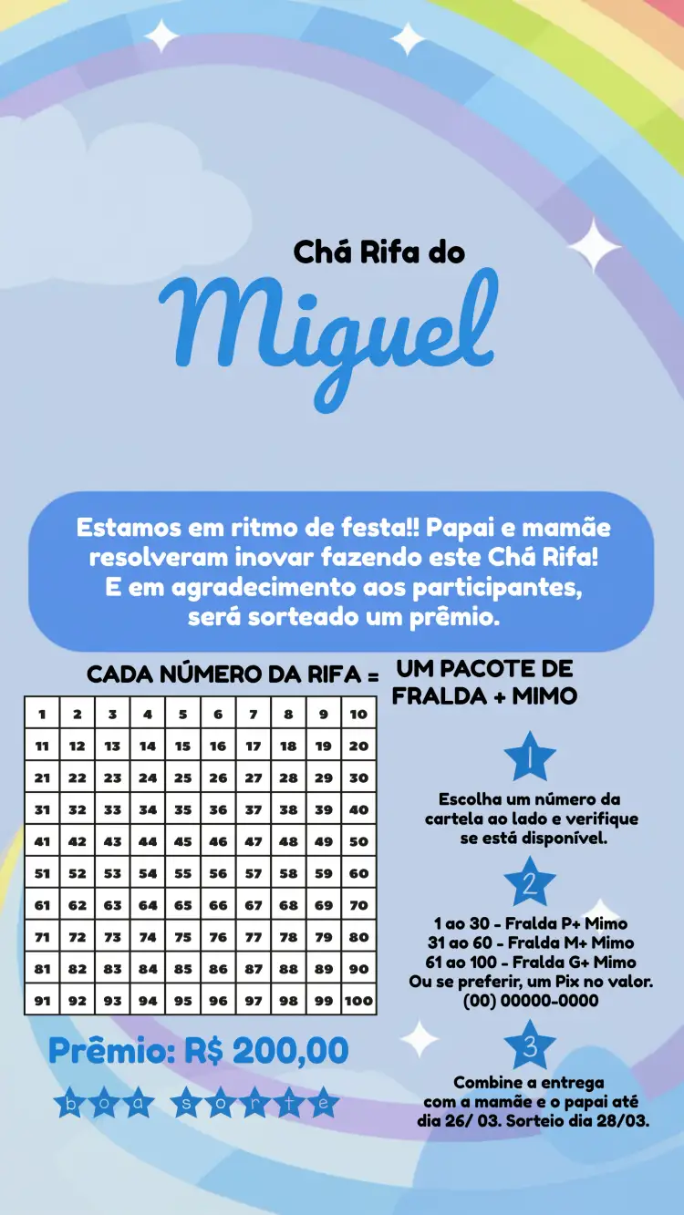 Convite Chá Rifa Chuva De Amor Cartela – tema Chá Rifa nuvens, azul e branco, lúdico, delicado, moderno