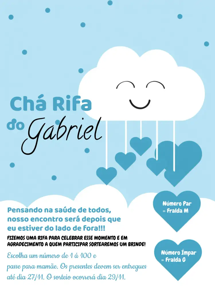 Convite Chá Rifa Chuva De Amor Preto – tema Chá Rifa moderno, minimalista, nuvens, preto e branco, amor, infantil