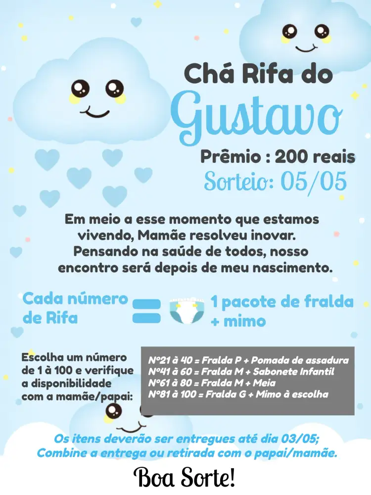 Convite Chá Rifa Chuva De Amor Bençãos – tema Chá Rifa nuvens, pastel, minimalista, lúdico, moderno