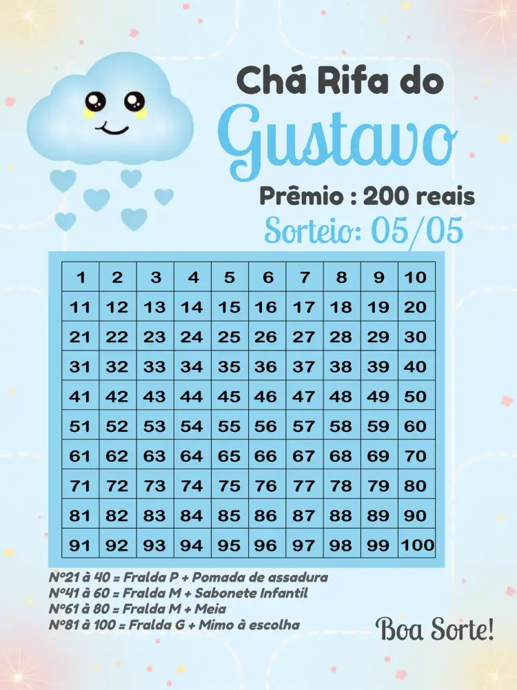 Convite Chá Rifa Chuva De Amor Branco – tema Chá Rifa nuvens, fraldas, cores suaves, minimalista, moderno, lúdico