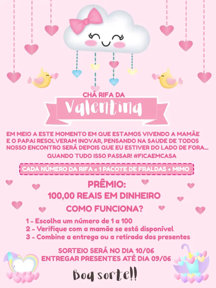 Convite Chá Rifa Chuva De Amor Branco – tema Chá Rifa delicado, floral, minimalista, pastel, infantil