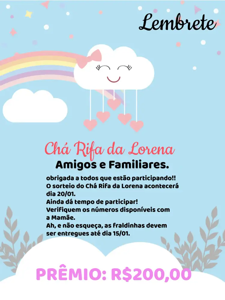 Convite Chá Rifa Chuva De Amor Cha – tema Chá Rifa delicado, colorido, lúdico, moderno, temática de chuva, feminino